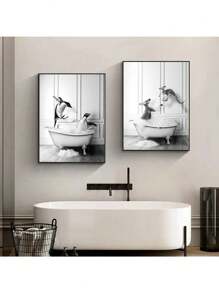 1 件北欧浴室动物海报大象长颈鹿厕所浴缸黑白帆布画复古墙壁艺术画家居装饰无框 - 彩色 - 查看 4