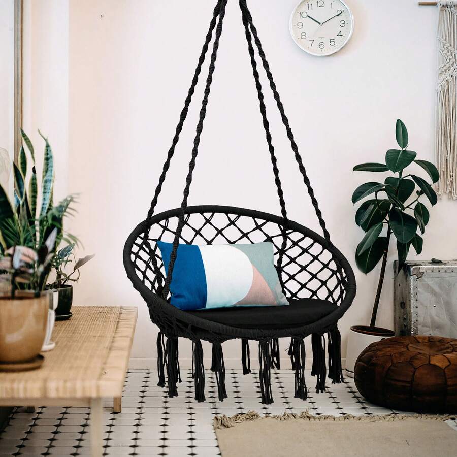 Homasis Hammock Swing Chair With Cushion Hanging Hardware Kit Indoor Outdoor - Black - View 1