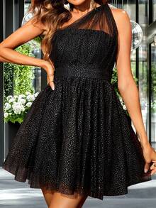 Double Crazy Summer Women's Music Festival Dress Backless Party Dress Ladies Asymmetrical Neck Sleeveless Minimalist Casual Sequin Sheer Mini Dress, Backless Sexy, Wedding Guest Dress - Black - View 5