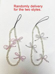 粉色緞帶蝴蝶結＆珍珠裝飾手機殼／袋掛飾，耳機盒掛件 - 白色 - 查看 8