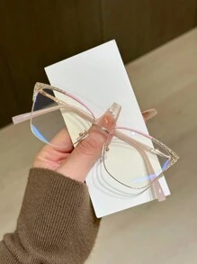 1pc Women's Metallic Cat Eye Rhinestone Studded Unique Design Shiny Aesthetic Glasses - Clear - View 2