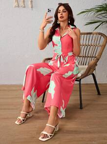Elegante Mono De Piernas Anchas Con Cinturón Para Mujer,Mono Sin Mangas Con Media Tapeta De Botones y Solapa,Mono De Estampado De Flores De Verano - Rosado Sandía - Ver 6