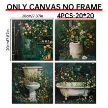 4pcs Wooden Framed Botanical Bathroom Wall Art | Floral Bathroom Wall Decor, Wild Flower Bathroom Print, Farmhouse Canvas Decor, Deep Green Print, Melancholy Plants, Floral, Vintage Painting, Bathroom Decor Gift, Birthday, Graduation - Multicolor - View 15