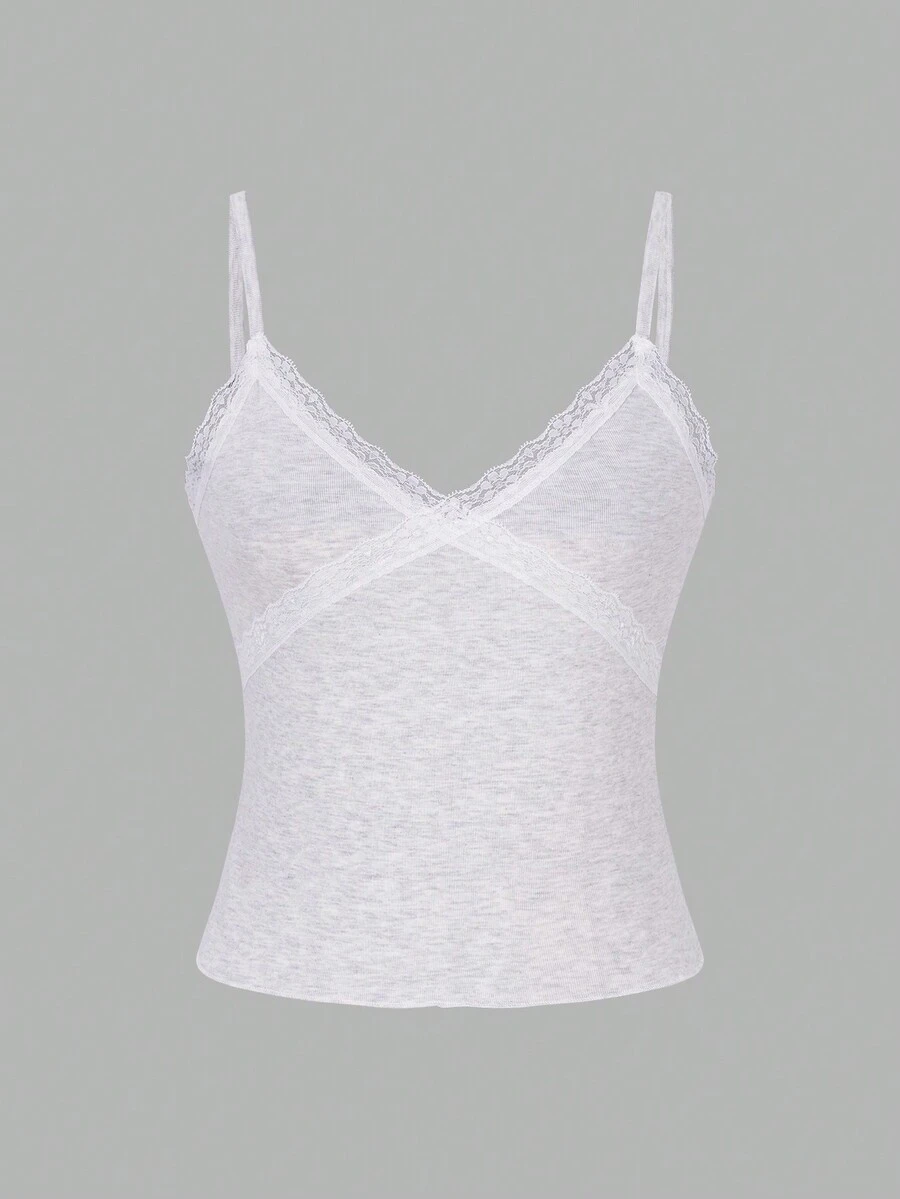 Y2K Streetwear Brandy Lace Trim Fitted Sexy Camisole' - Light Grey - View 1