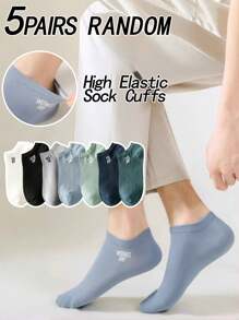5 Pairs Random Men's Ankle Socks, Black White Letter Print Fashionable Casual Simple Versatile, Soft Comfortable Moisture-Wicking, Great For Mother's Day - Multicolor - View 5