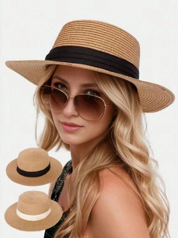 Sun Hats For Women Wide Brim Straw Boater Hat Foldable Packable Beach Hat For Summer Fit Size(56-58cm)