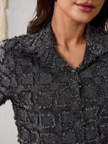 Elegante Blusa De Mujer De Manga Corta,Camisa Corta Con Patrón De Cuadros Para Verano,Blusa Con Solapa y Botón Delantero - Negro - Ver 6