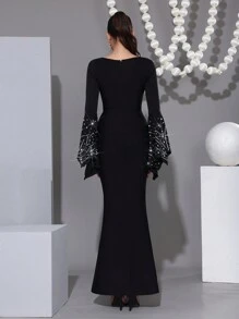 Modphy New Sexy Black Round Neck Flare Sleeve Heavily Embellished Rhinestone Mermaid Dress, Elegant Women Evening Gown For Party, Festival, Wedding Guest Dress, Formal Dress - Black - View 6