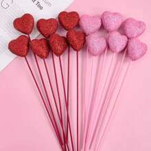 10pcs Glitter Foam Heart Sticks, Suitable For Mother's Day, Vase Decor, Birthday Party, Cake Decor, Wedding Bouquet