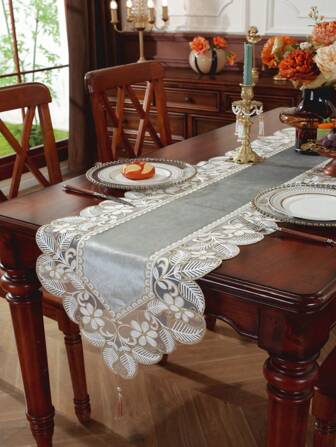 1 pieza Camino de mesa decorativo de tela suave con bordado 3D delicado y encaje, decoración del hogar, bufanda para armario, mesa de cocina y comedor, serie para fiestas, bodas y eventos tanto en interiores como exteriores