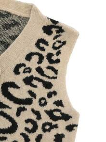 韩版复古豹纹V领单排扣休闲针织背心，百搭