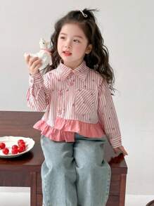 Young Girls' Fashion Vertical Striped Asymmetrical Design Blouse, Spring/Autumn - Pink - View 2