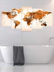 5 Pcs Unframed Canvas Wall Arts Posters Painting Abstract Brown Watercolour-Style World Map On A Beige Background Art Poster Canvas Master Bedroom Artwork For Living Room, Bedroom, Bar Wall Decor,Vintage Home Decor Gift Gifts Birthday Graduation