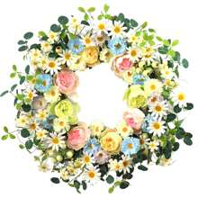24" Artificial Flower Wreath,Daisy And Rose Wreath Colorful Spring/Summer Floral Wreaths For Front Door Wall Window And Holiday Festival Party Banquet Wedding DecorMother's Day Easter