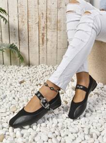 New Style Comfortable Casual Strap Flat Shoes With Square Toe