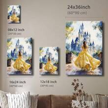 Wrapped Framed Canvas Vintage Wall Art Elegant Woman In Yellow Dress At Castle – Artful Home Decor For Living Room, Bedroom, Bathroom, Office