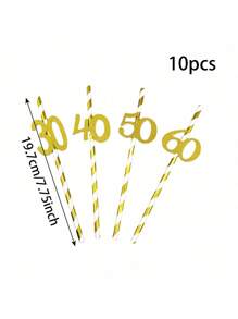 10pcs Paper Straws With 18, 21, 30, 40, 50, 60, 70, 80 Number Design In Gold & Rose Gold Color, Cake Decor For Birthday Party