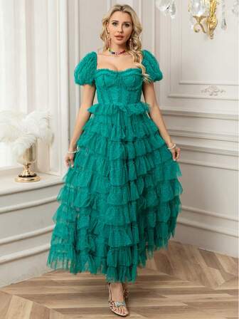 HIgh Quality Summer Fashion Designer Green Long Dress Women's One-Word Collar Off Shoulder Floral Print Mesh Mullet Pom Pom Pary Maxi Dresses