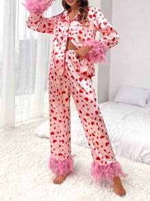 Satin Heart Print Pajama Set Women Long Sleeve Feather Tim Love Pjs Set Button Shirt Top Pants Set Loungewear - 粉色 - 查看 2