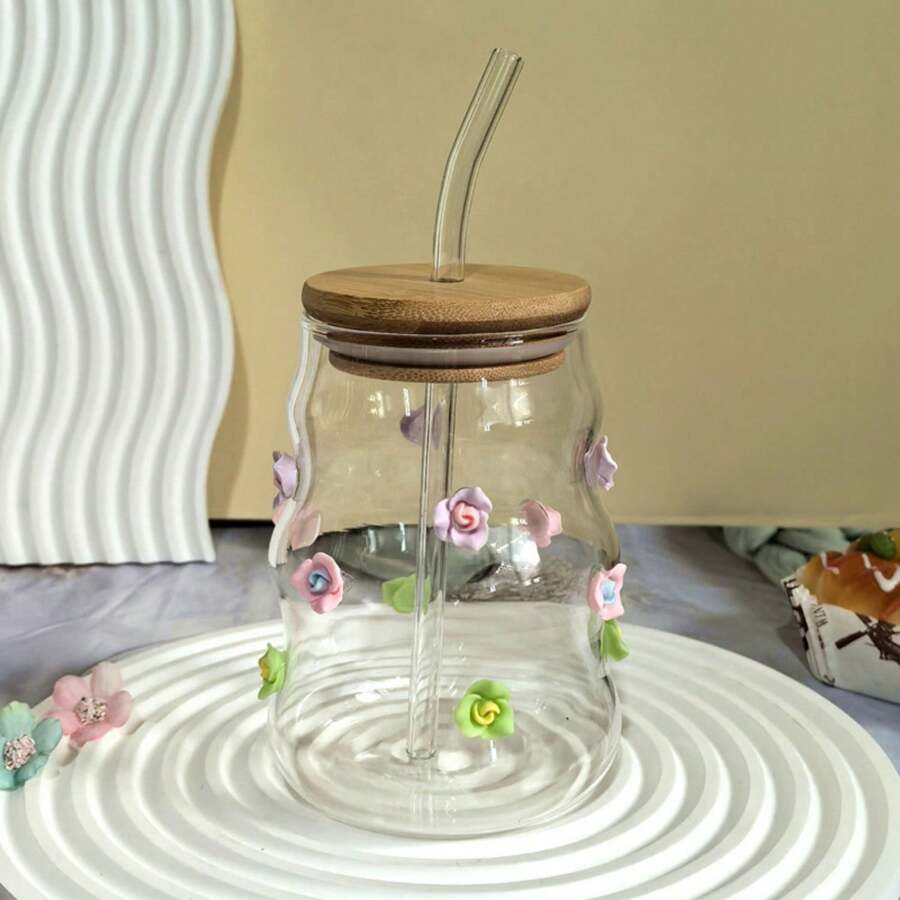 创意玫瑰花朵玻璃杯独特高端果汁/奶茶杯带吸管大容量水杯 - 吸管杯 - 查看 1