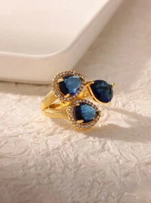 1pc Vintage Gemstone Three Water Droplets Ring, 18K Gold-Plated Cubic Zirconia Open Rings For Women, Wedding Party Vacation Jewelry Luxury Accessories Gifts For Valentine's Day, Mother's Day