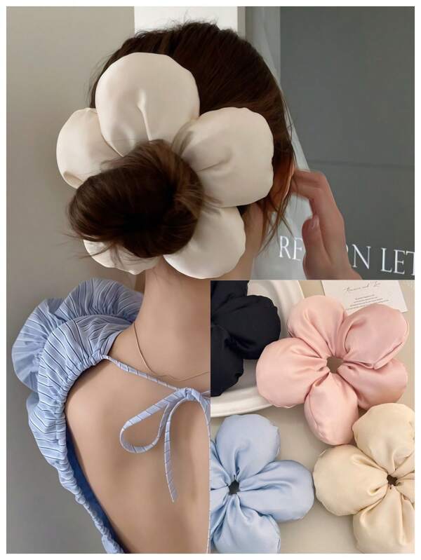 1pc Plain Color Camellia Flower Print Large 3D Sponge Scrunchie, Elegant Sweet Girl Round Bun Hair Rope, Casual Elegant Pleated Ruffle Ornament For Ponytail, Polyester Fiber Hair Ties Ponytail Holders Hair Elastics Hair Rubber Bands Scrunchies Elastic Hair Tie