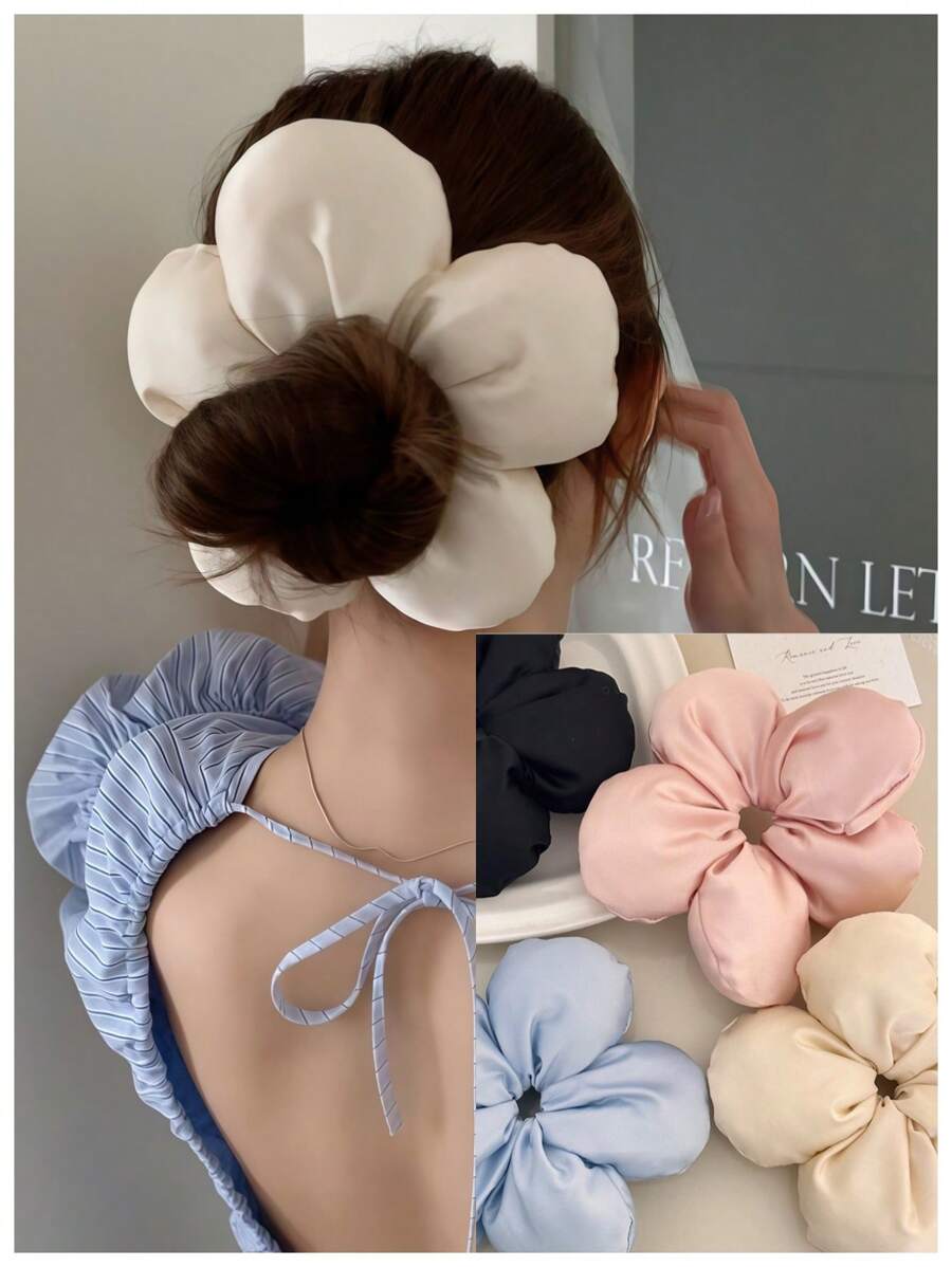 1个纯色山茶花印花大号3D海绵发圈，优雅甜美女孩圆形发髻绳，休闲优雅褶皱荷叶边马尾辫装饰，涤纶纤维发圈马尾辫发绳发圈橡皮筋发圈发圈弹性发绳发饰头饰弹力带