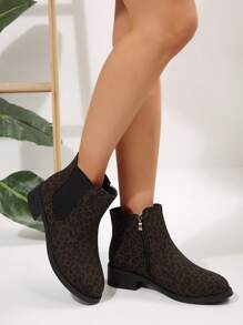 Fashionable Leopard Pattern Elastic Band Chunky Heel Casual Boots