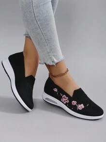 STEPREACH 女士休闲鞋运动平底鞋绣花鞋，中国刺绣缓冲透气舒适 - 黑色 - 查看 3