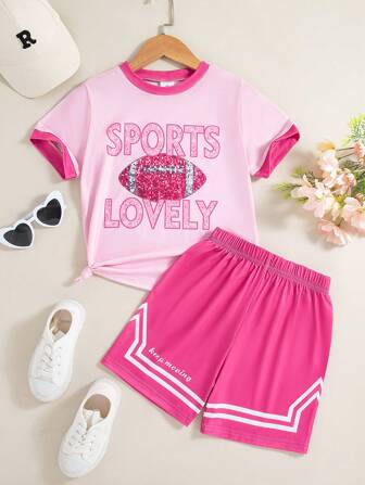 2 件女童休闲卡通字母印花短袖 T 恤和短裤套装，常规款式，夏季服装