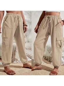 Women Plus Size Cargo Pants, Elastic Waist Solid Loose Trousers With Pockets Streetwear For Casual Daily L-4XL - Khaki - View 5