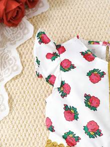 H HIBOBI 女童玫瑰印花网纱短袖连衣裙，春秋季 - 白色 - 查看 4