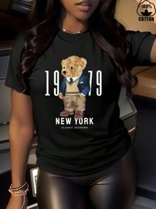 Happy Valentine'S Day Women's Polyester Brown Bear Teddy Bear T-Shirt, Women's 220g Round Neck Casual Heavy Pure Cotton T-Shirt (1 PC) - Black - View 1