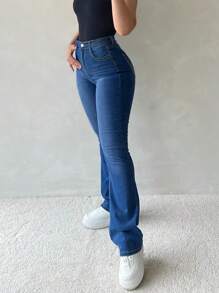 Women Simple Daily Flared Jeans Western Women Attire - 中等水洗藍 - 查看 5