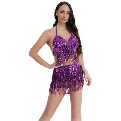 Sequin Fringe Halter Neck Tassel Decorative Accessory Set For Festival Rave Party Carnival Dance Performance