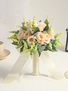 1pc New Artificial Champagne Color Rose Flower Bouquet, Suitable For Bridesmaids, Brides, Photography Props, Party Decorations, Wedding Supplies