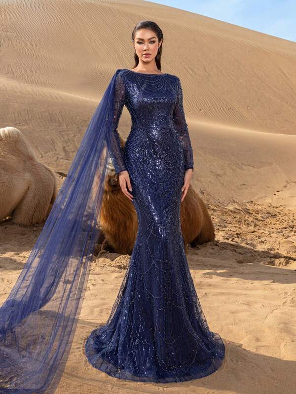 Faeriesty Robes de soirée et de cérémonie étincelantes pour femmes avec manches transparentes drapées, ourlet de sirène et perles