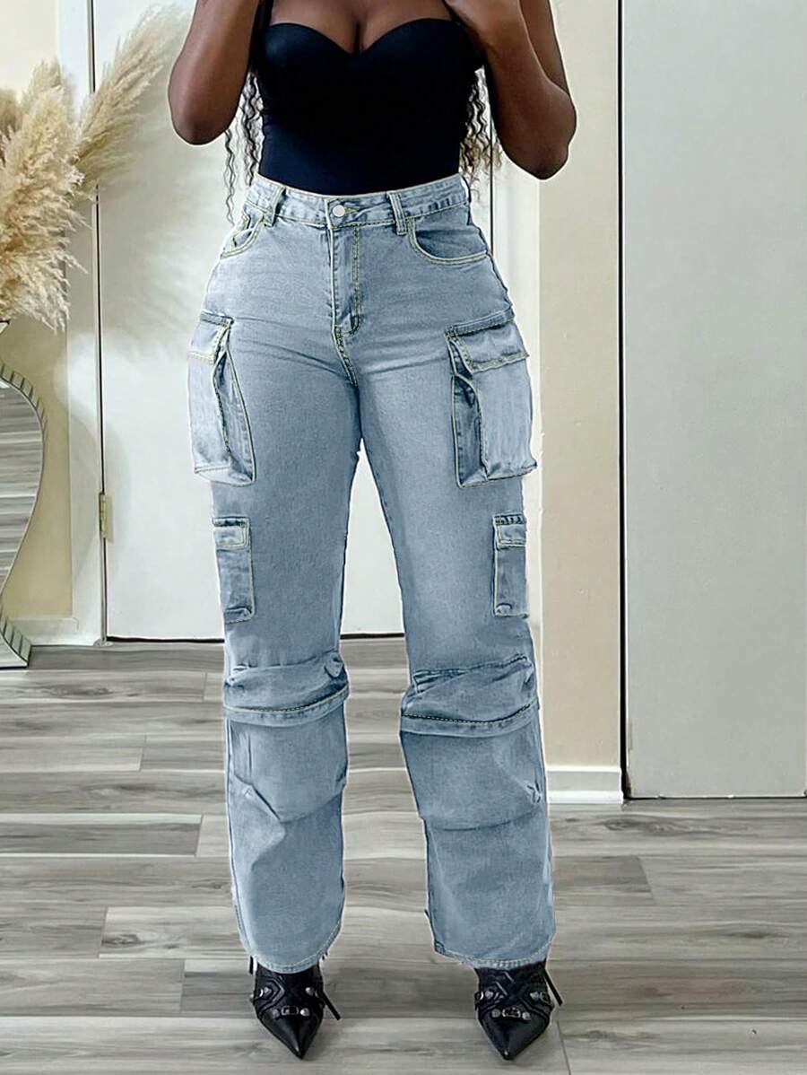 Women's Workwear Denim Pants With Side Flap Pockets, Everyday Casual Washed Straight Leg Pants - 淺色水洗藍 - 查看 1