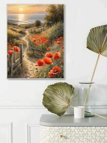 5D Diamond Painting Kit - Peaceful Coastal Path, Full Round Diamonds, Acrylic Mosaic Cross Stitch Set, Sunset And Red Poppy Field Scene, Ideal Home And Wall Decor Gift, 7.87x11.81 Inches, New Diamond Painting Kit