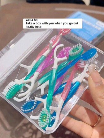 1 pieza/12 piezas Cepillo de dientes mini con estallido y hilo dental, cepillo de dientes portátil para viajes con perlas de estallido, integrado con hilo dental y palillo de dientes, kit de higiene oral, refresca el aliento, limpia la boca, adecuado para viajes y uso diario, regalo del Día de San Valentín y vuelta al colegio