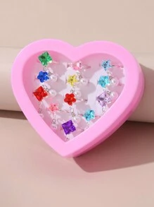 12pcs/Set Girls Rhinestone Flower, Heart, Geometric Design Rings Set