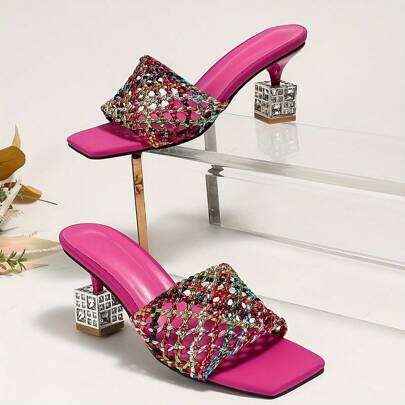 Women's Square Toe Woven Hollow Diamond Embellished Fashion High Heel Square Toe Sandals