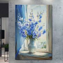 Blue Floral Canvas Print, Vibrant Delphiniums In White Vase, Window View, Bright Sunlight, Blue Drapes
