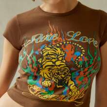 Women's Summer Slim Crop Tops Letter Tiger Pirnt Short Sleeve Round Neck Show Navel Baby Tee Streetwear - 棕色 - 查看 3