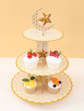 1 juego Soporte de cupcakes para Eid con estrellas y luna en oro blanco, con inserto para pastel, soporte de postres para Ramadán, decoraciones DIY para pastel de Ramadán, exhibición de cupcakes, torre de cupcakes, artículos de fiesta de Ramadán, decoraciones de fiesta, bandeja de comida, regalos de Ramadán, favores de fiesta, bandeja de pastel, soporte de pastel de decoración de Ramadán con decoración para pastel