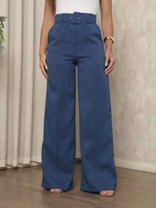 Women's Linen Material Trousers With Belt - Dark Wash - View 3