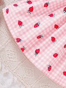 Young Girls' Spring/Summer Love Plaid Strawberry Print Ruffle Hem Bow Decor Cute Vacation Style Strap Dress With Matching Sling Bag - Pink - View 5
