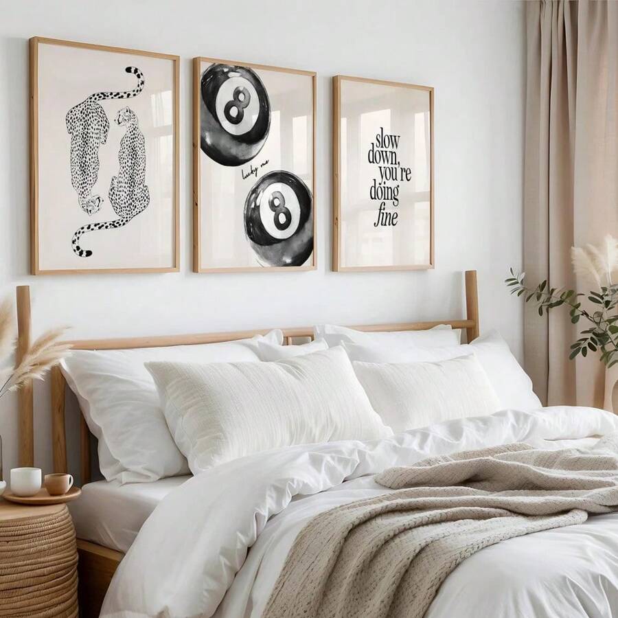 1/3pcs Set Unframed Black Cheetah 8 Pool Ball Leopard Poster Aesthetic Girly Dopamine Decor Funky Art Painting Canvas Print Minimalist Wall Picture For Dorm, Apartment, Living Room, Bedroom, Home Decoration - Multicolor - View 1