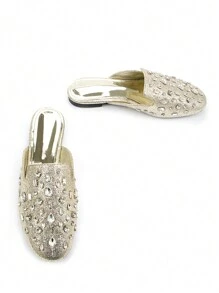 Fall/Winter Women's Fashion Fully Rhinestone Decor Gold Metallic Material Comfortable Square Toe Flat Mule Shoes, For Daily Wear And Party - Gold - View 4