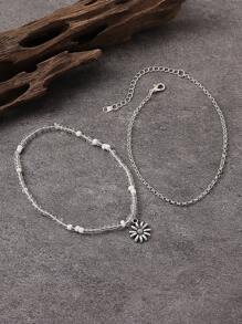 2pcs Simple Fashionable Daisy Pendant & Bead Anklet Set, Suitable For Women Beach Holiday Daily Wear - Multicolor - View 5